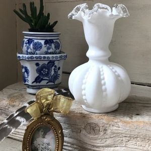 Fenton Silver Crest Milk Glass Melon Vase, Vintage Beaded Melon Rib Milk Glass